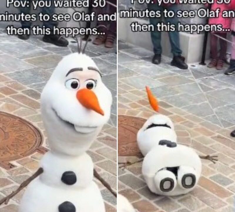 ‘ओलाफ़ अभी पिघला’: ‘फ्रोज़न’ का स्नोमैन पहली बार चलने के दौरान गिरा, गाजर की नाक खोई